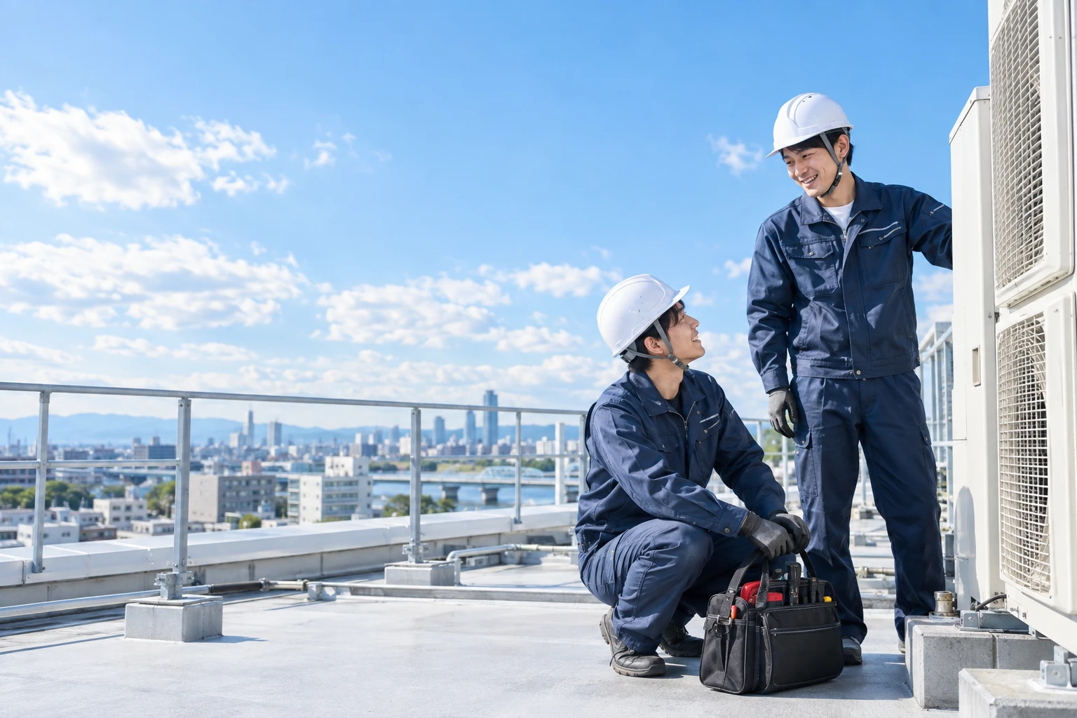 青空の下で会話する空調技術者のイメージ