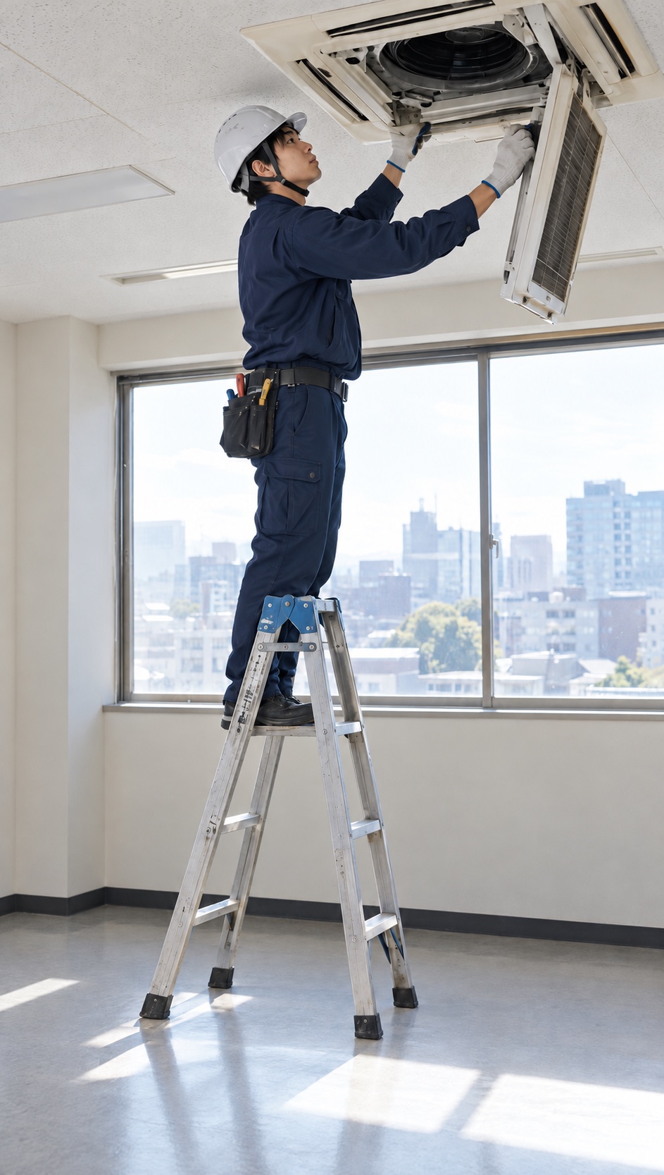 天井のエアコンを取り付ける作業のイメージ