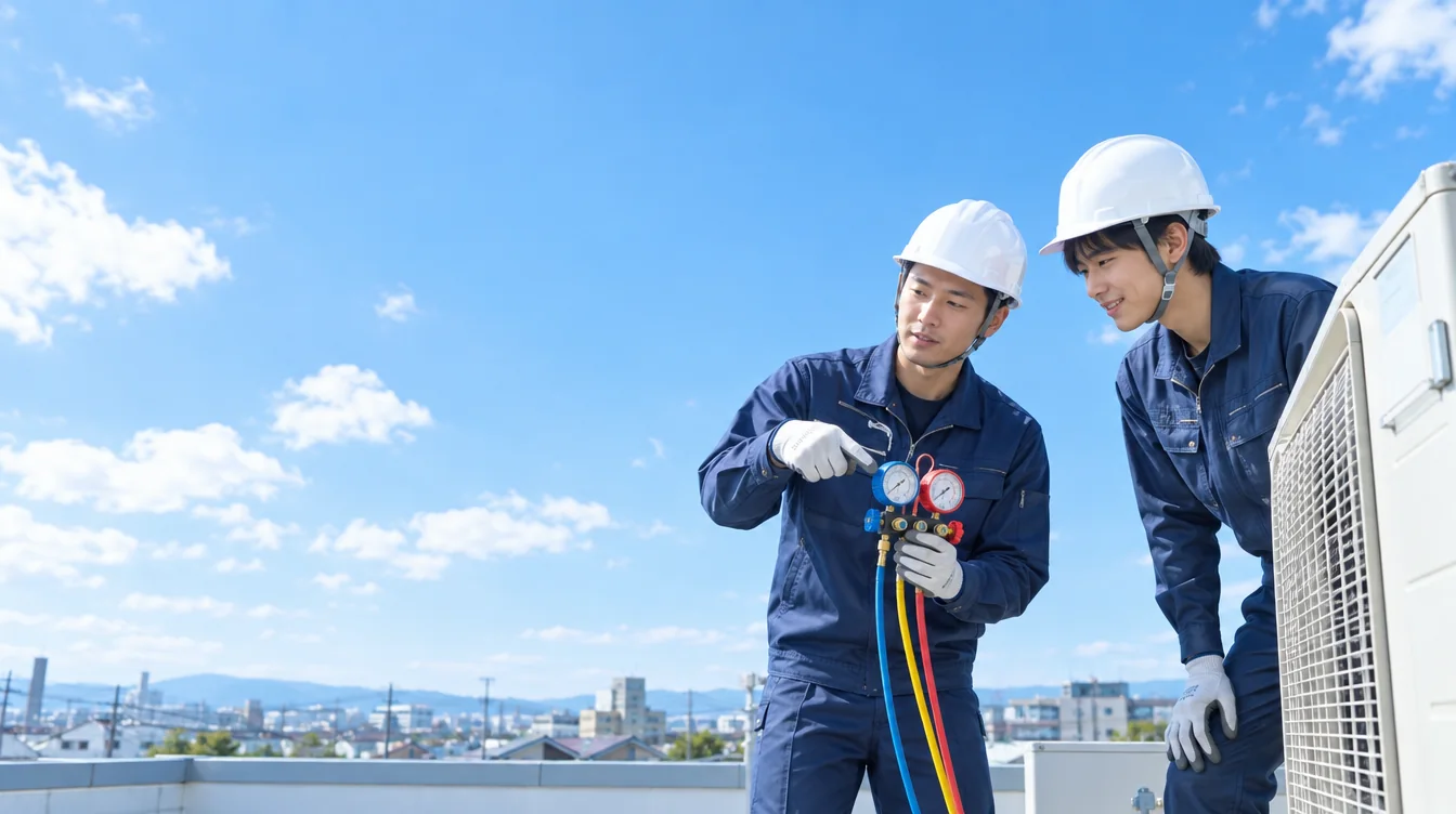 青空の屋上で先輩が後輩に計器の見方を教えるイメージ