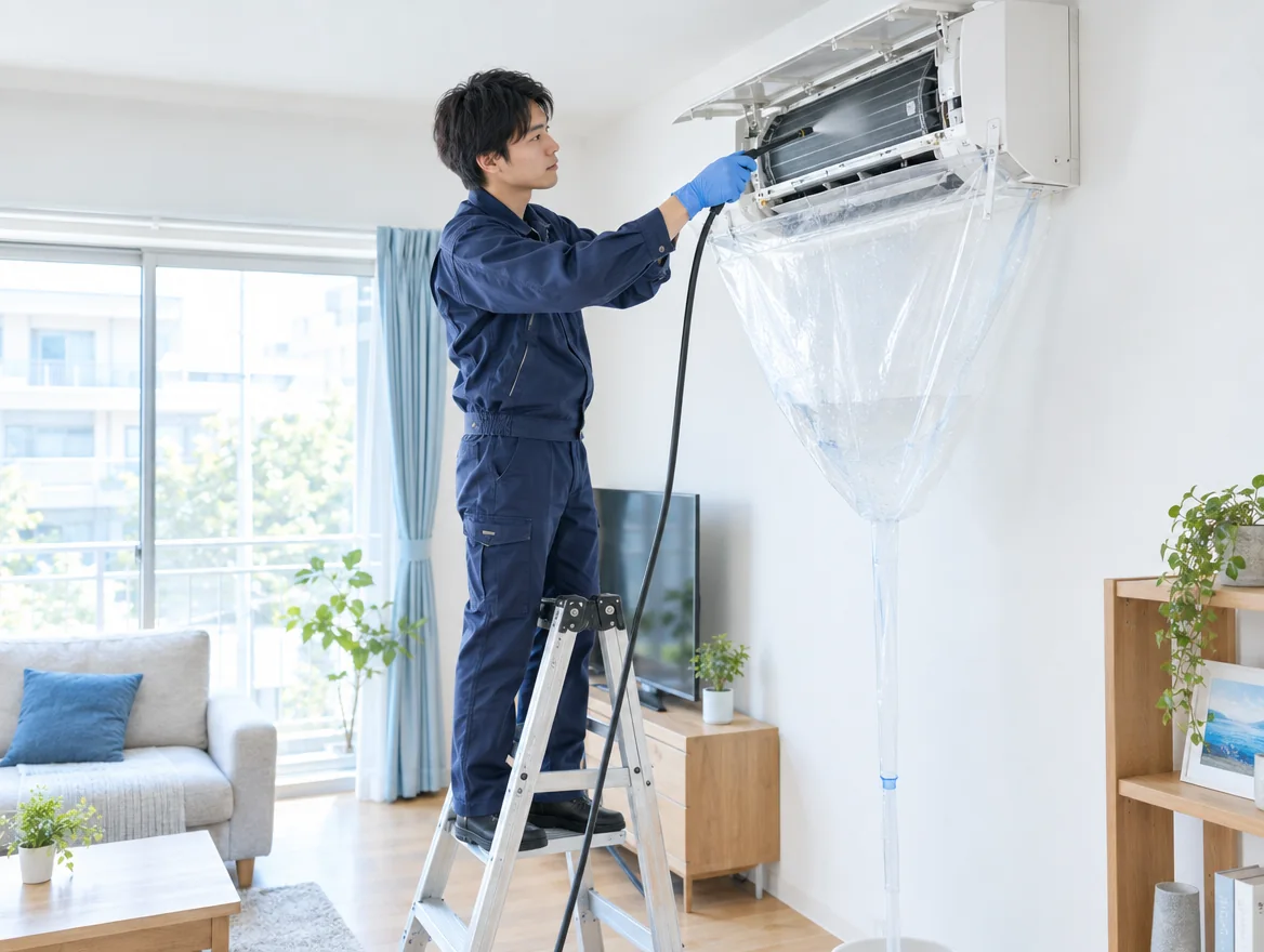 脚立に乗って壁掛けエアコンを洗浄する若手技術者のイメージ
